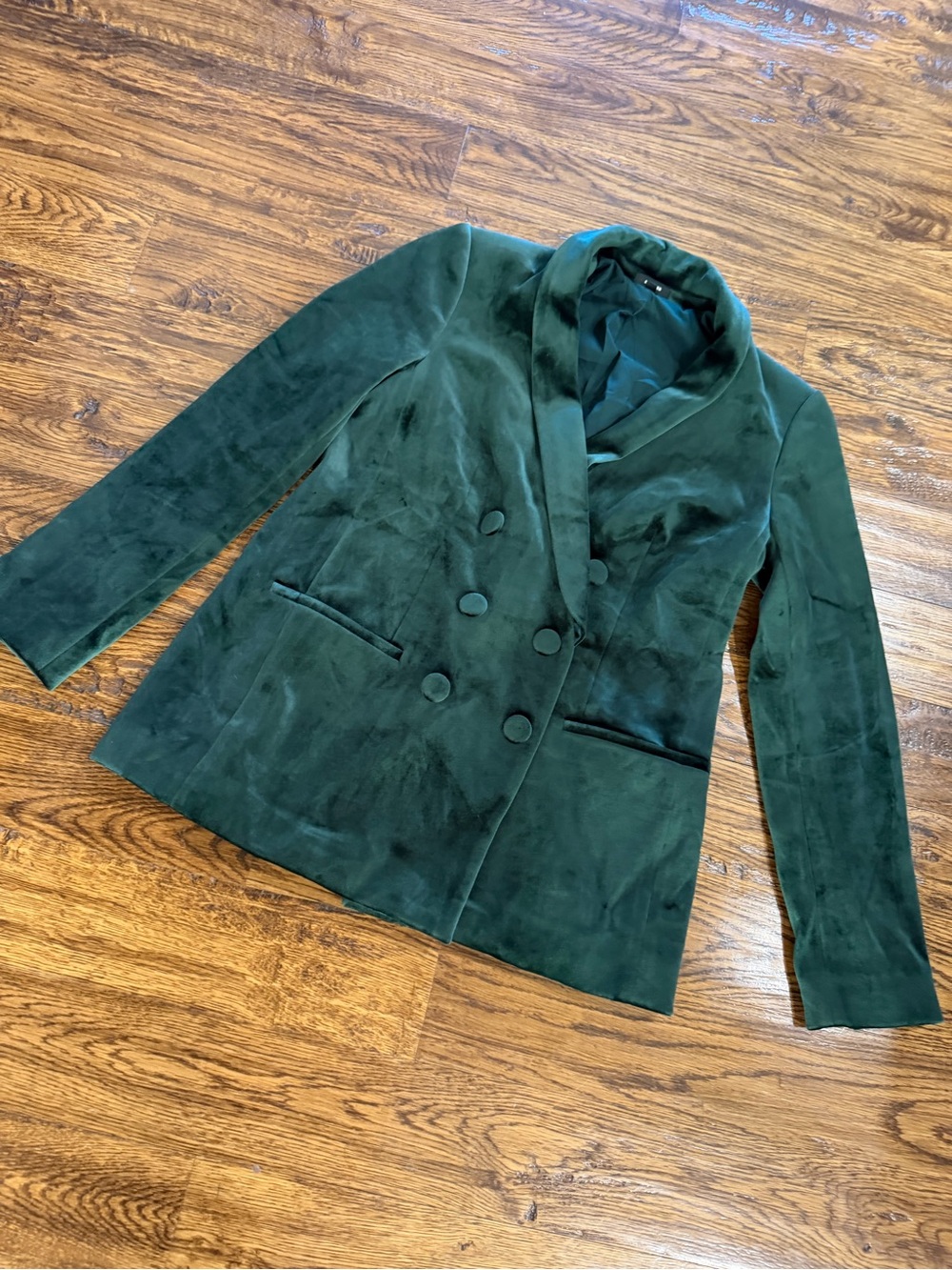 🔥 Express Runway Showstopper! Emerald Green Velvet Double-Breasted Blazer Jacket - Picture 3 of 4